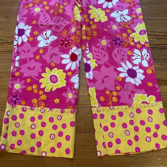 Bamboo Traders Silk Wide Leg Pants Women Pink Yellow Floral Sequin Good SIZE S - Picture 2 of 7